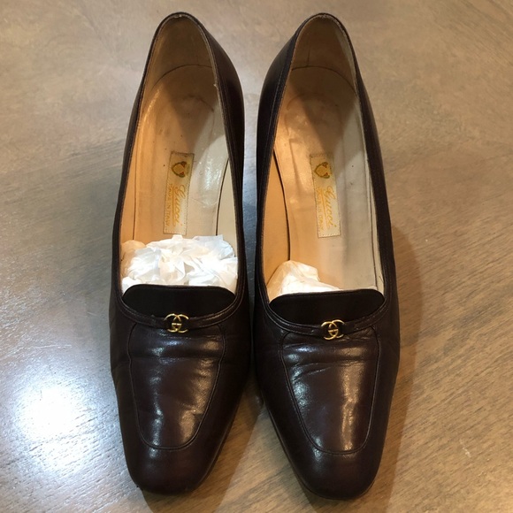 VINTAGE 1970s GUCCI Designer Luxury Italian Charm Mahogany Leather Heel Pumps - Picture 12 of 15
